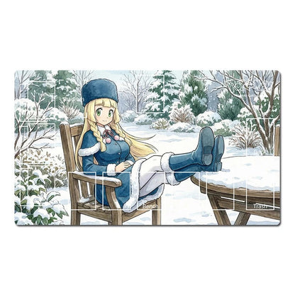 Anime character sitting on a wooden bench in a snowy landscape