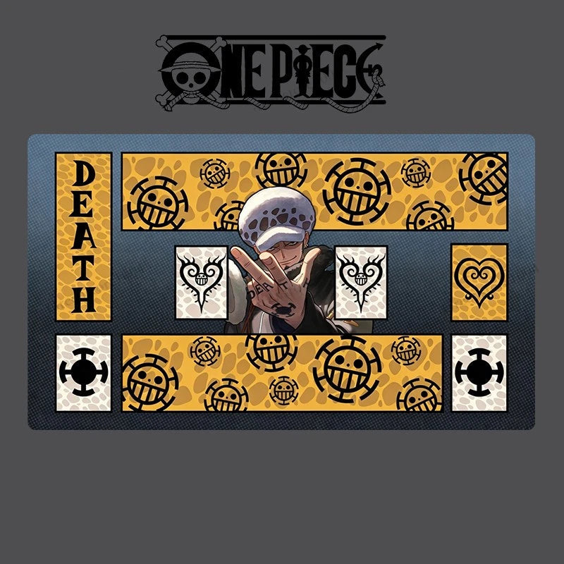 A rectangular One Piece themed mat or plaque featuring the character Death with a peace sign, surrounded by the One Piece logo pattern in yellow and black, on a dark gray background.