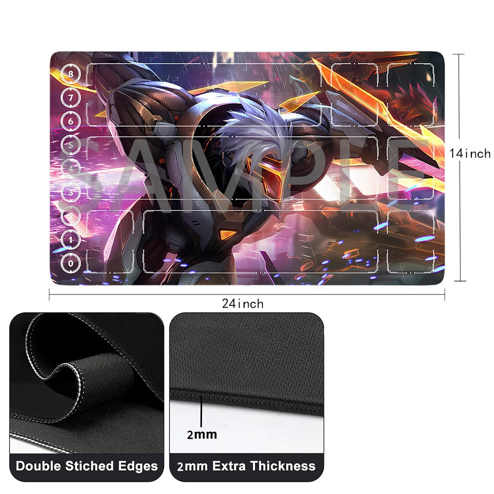 A rectangular gaming mouse pad with a colorful fantasy warrior illustration, shown with dimension labels (24 inch by 14 inch) and three feature callout panels below highlighting double-stitched edges, 2mm extra thickness, and a free storage bag.