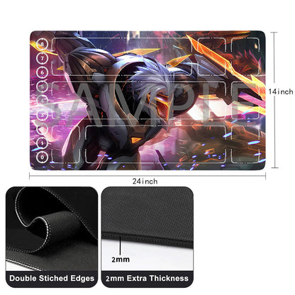A rectangular gaming mouse pad with a colorful fantasy warrior illustration, shown with dimension labels (24 inch by 14 inch) and three feature callout panels below highlighting double-stitched edges, 2mm extra thickness, and a free storage bag.
