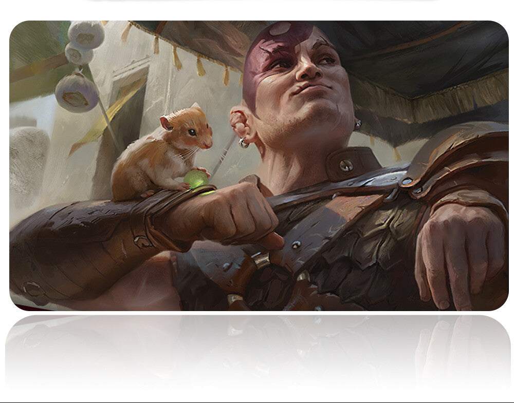 Character holding a small creature with a banner in the background