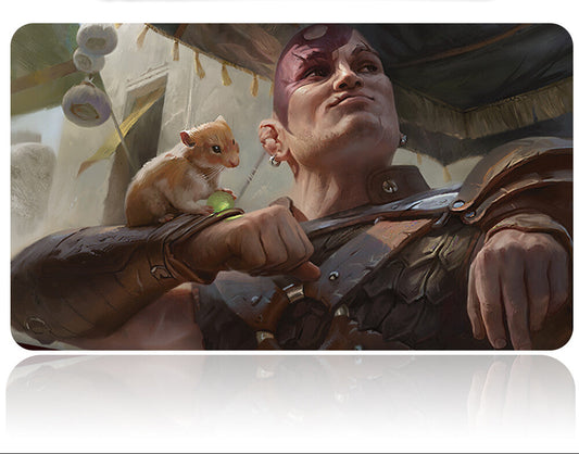 Character holding a small creature with a banner in the background