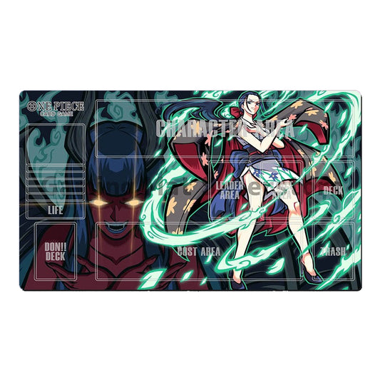 Card game playmat featuring an anime character with glowing effects on a white background