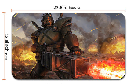Mouse pad with a warrior holding a weapon in a battle scene, featuring dimensions and a carrying strap.