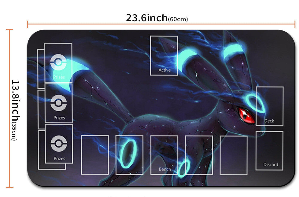 Pokémon themed playmat with dimensions and a drawstring bag on a white background