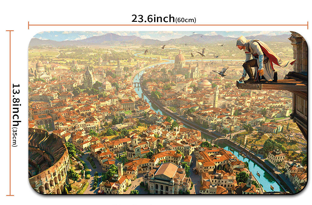 Product with scenic cityscape design and dimensions displayed