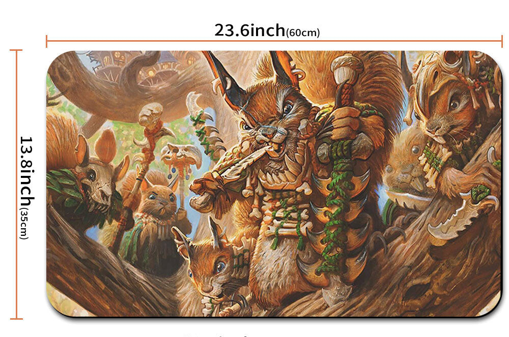 Illustrated mouse pad with fantasy design and dimensions shown