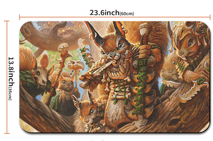 Illustrated mouse pad with fantasy design and dimensions shown