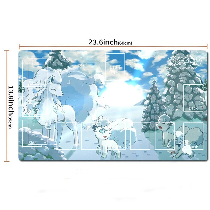 A rectangular printed mat or cover featuring an illustrated winter scene with white fox-like characters in a snowy landscape under a blue sky. The image includes dimension labels showing 23.