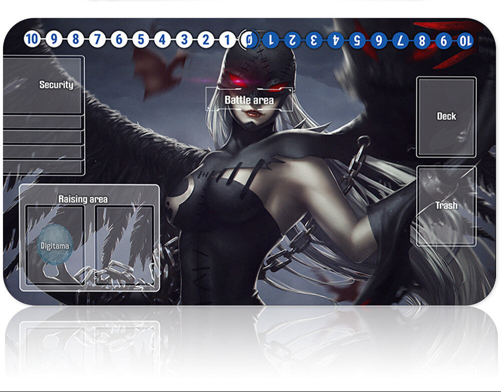 Card game mat with character design and card storage areas, featuring a sword on a white background.