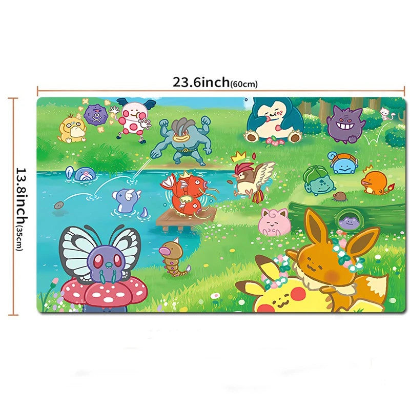 A rectangular colorful mat or print featuring a whimsical Pokémon-style pond scene with many cartoon creatures, shown on a white background with dimension labels reading 23.6 inch (60 cm) by 13.