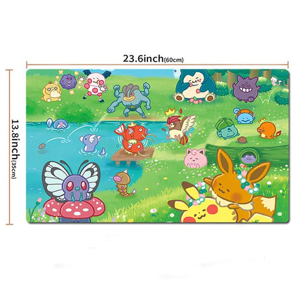 A rectangular colorful mat or print featuring a whimsical Pokémon-style pond scene with many cartoon creatures, shown on a white background with dimension labels reading 23.6 inch (60 cm) by 13.