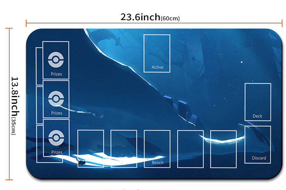 Blue playmat with card layout and dimensions, accompanied by a silver drawstring bag.