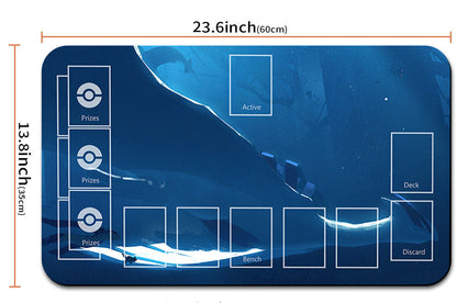 Blue playmat with card layout and dimensions, accompanied by a silver drawstring bag.