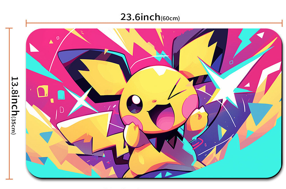 Colorful mouse pad with Pikachu design and measurements