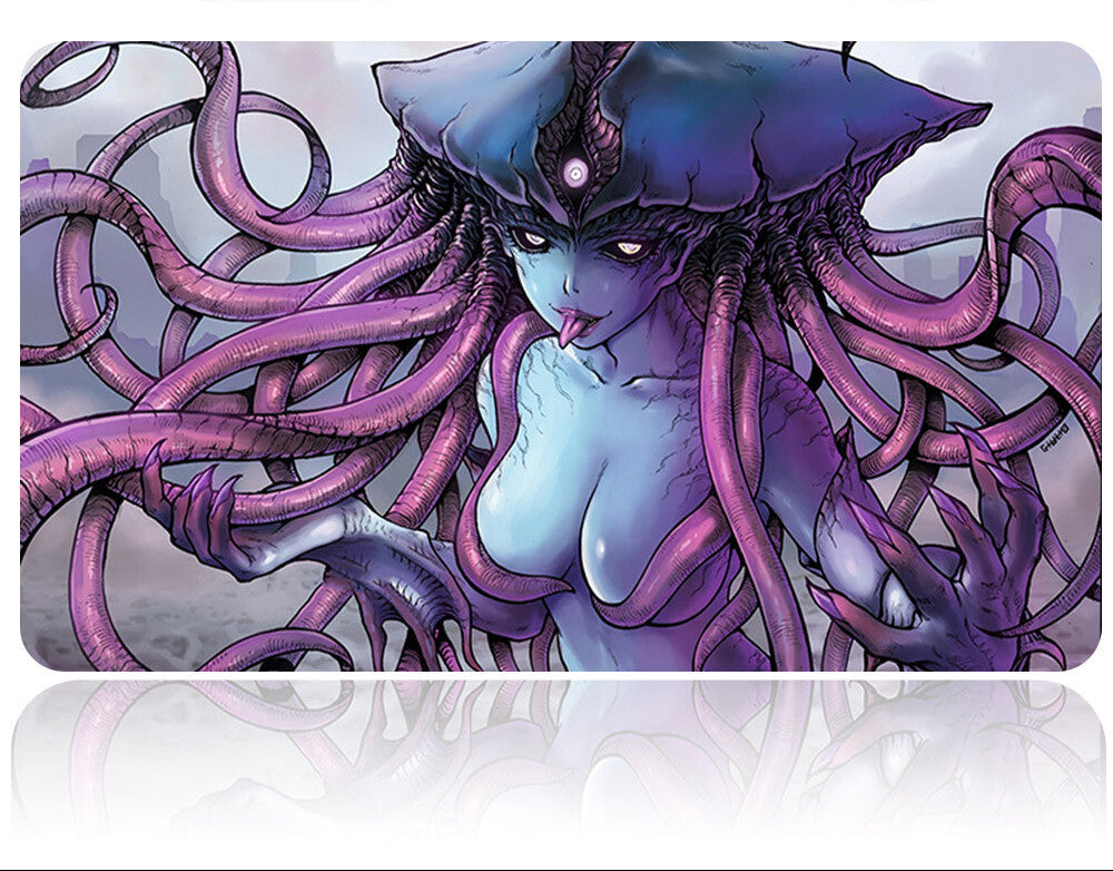 Card with a fantasy character design featuring tentacles and a tool on a white background