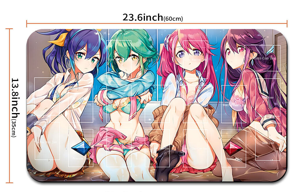 Anime-style mouse pad with four characters and measurements
