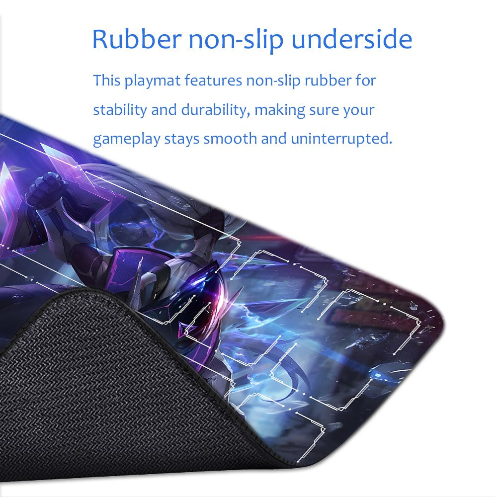 A gaming playmat with a dark fantasy character illustration, featuring a black textured non-slip underside and blue promotional text on a white background.