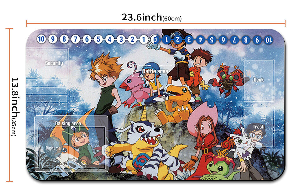 Anime-themed mouse pad with character illustrations and dimensions displayed