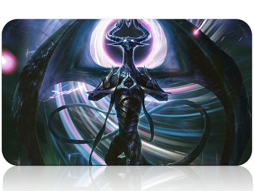 Futuristic alien figure on a dynamic background with a white stand and metallic object below.