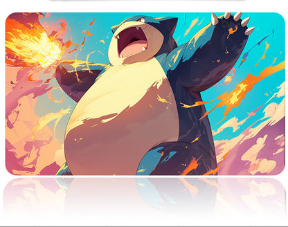 Animated character with fiery effects on a colorful background with a metal tool above.