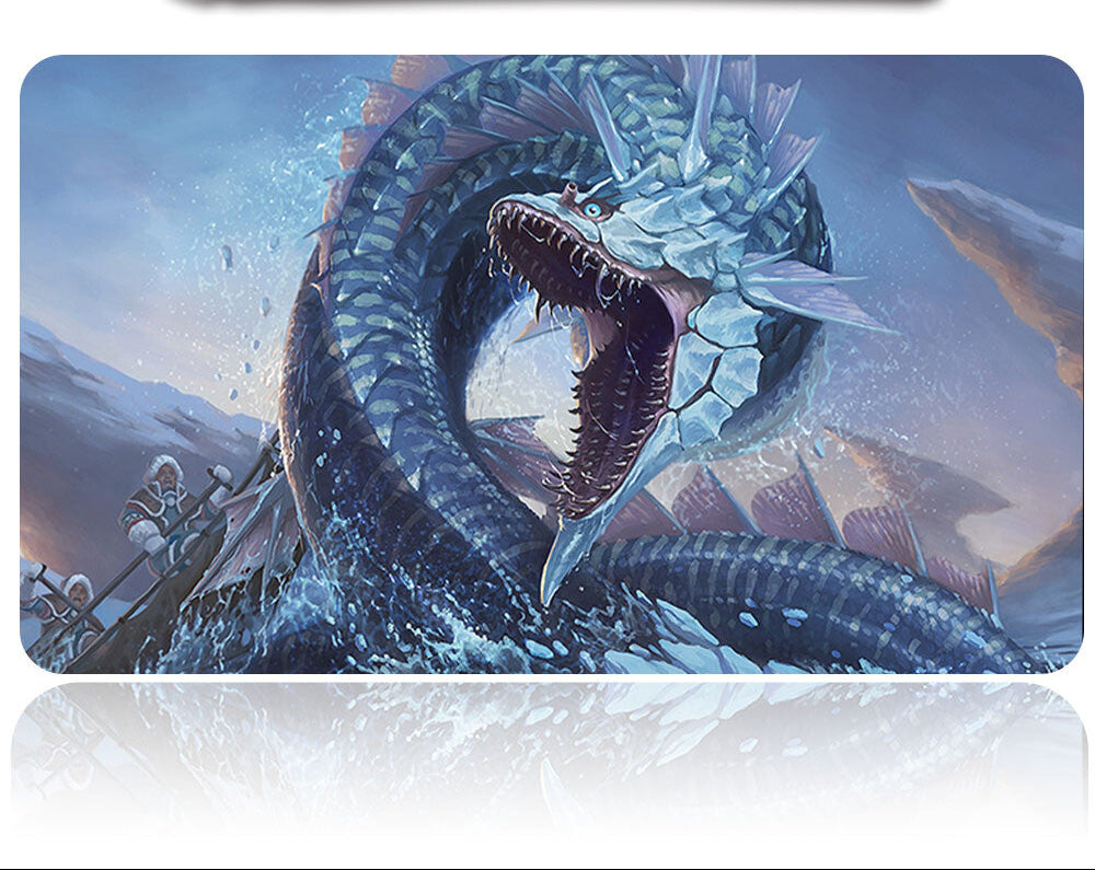 Gaming mouse pad with ice dragon design and a small tool on a white background