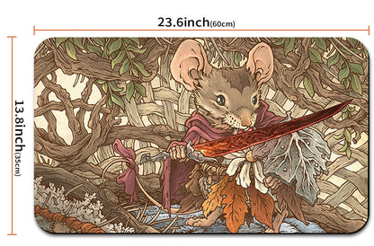Illustration of a mouse holding a sword with dimensions and a pouch shown below.