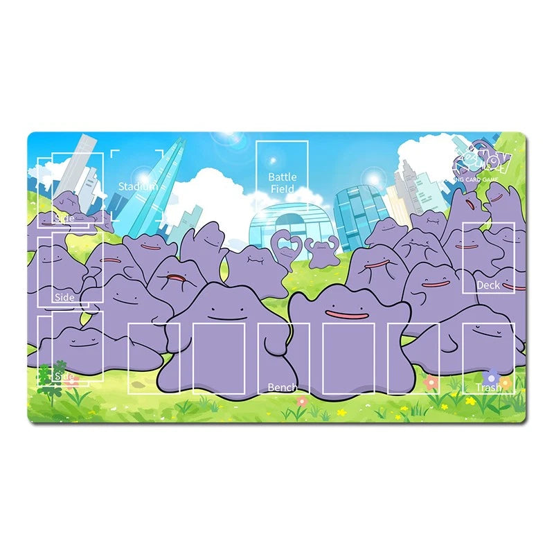 A Pokémon-themed battle field playmat featuring a group of purple Dippito characters on a grassy field with a blue sky and cityscape background. The playmat includes labeled zones such as Start, Battle Field, Dock, Store, Bank, and To Go.