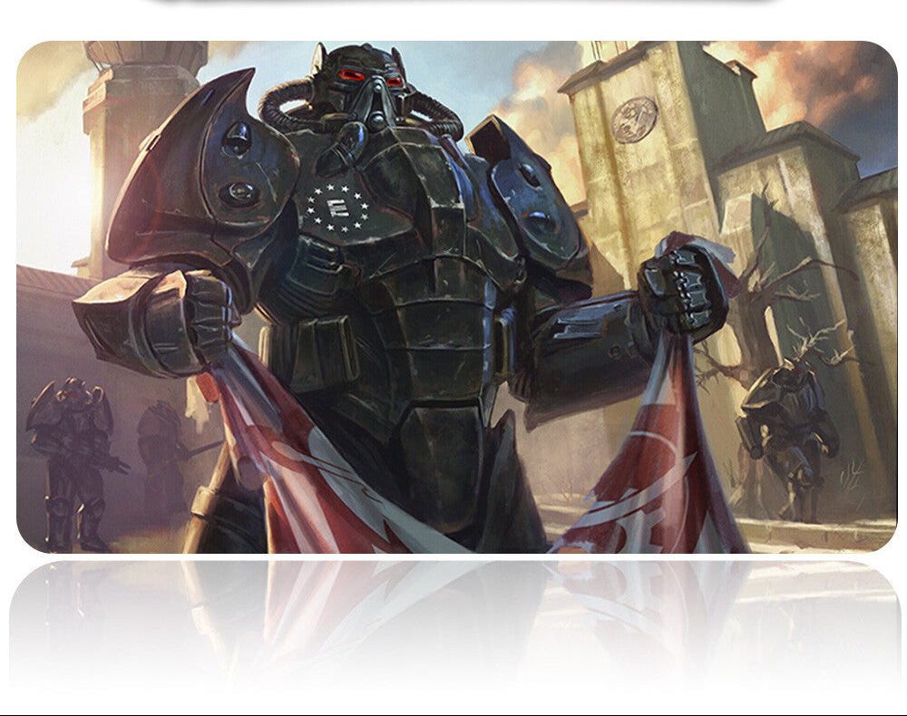 Character in dark armor with a weapon, set against a fantasy-themed background