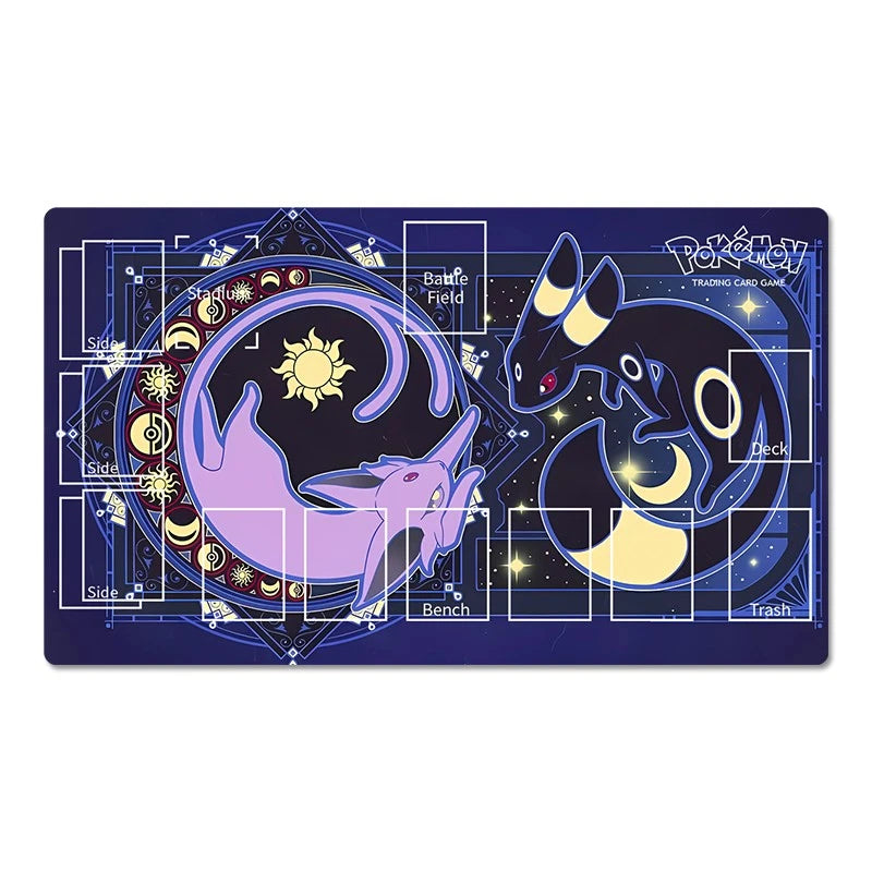 A rectangular Pokémon Trading Card Game playmat featuring Eevee and Eevevolution on a dark blue background with white layout lines and labels.