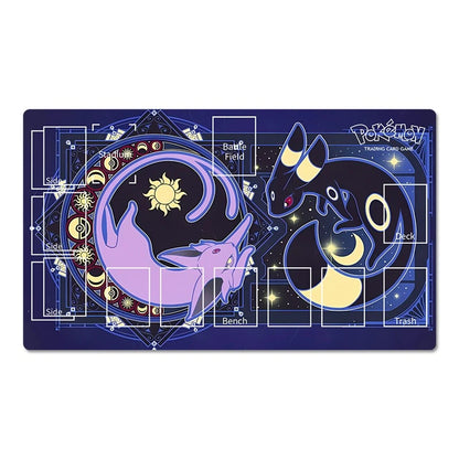 A rectangular Pokémon Trading Card Game playmat featuring Eevee and Eevevolution on a dark blue background with white layout lines and labels.