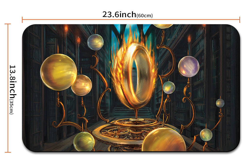 Magical design with glowing orbs and a ring, featuring dimensions and a pouch.