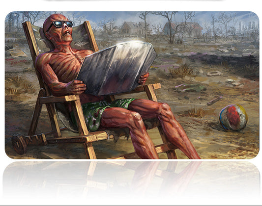 Man in a chair reading a newspaper in a post-apocalyptic setting with a canister above.