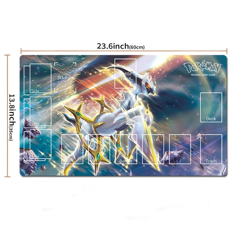 A Pokémon trading card game playmat featuring a dynamic illustration of a white and gold dragon-like creature against a colorful cosmic background. The playmat includes printed play zones labeled for cards, trash, base, battle, escape, and site, along with dimension markings showing 23.