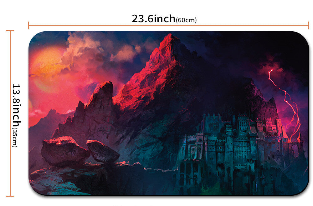 Gaming mouse pad with mountain and castle design, dimensions shown, and a carrying case below.
