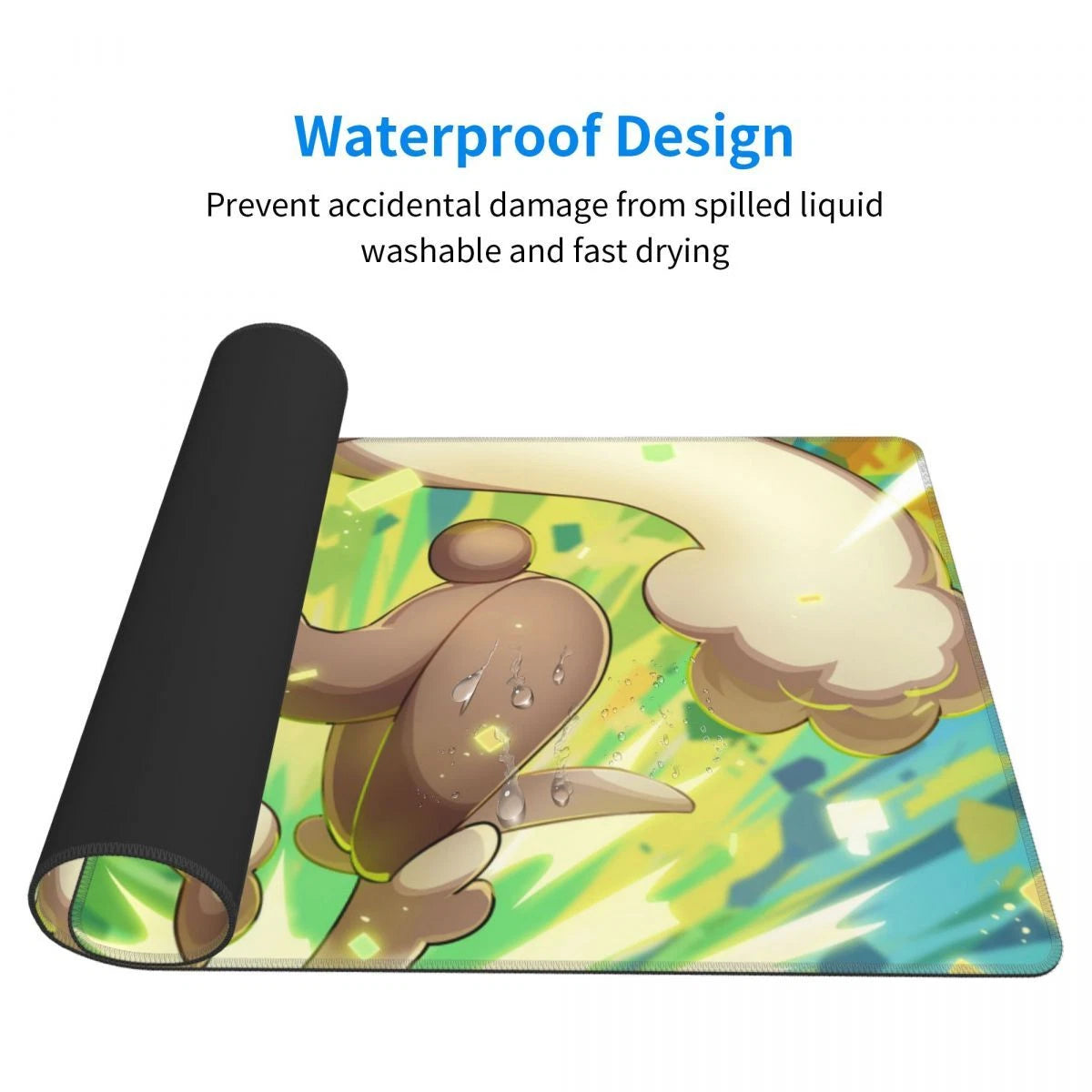 A rectangular desk mat or mouse pad with a colorful cartoon character print, shown partially rolled up on a white background with text reading 'Waterproof Design' and a description about spill resistance and fast drying.