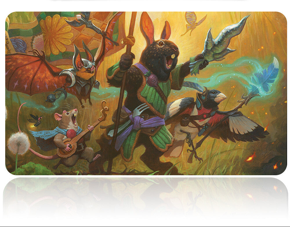 Colorful illustration of animals in a forest with a metallic object on a white background