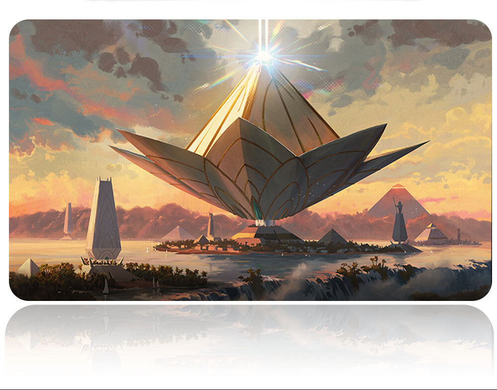 Futuristic cityscape with a large, glowing structure resembling a flower, set against a colorful sky.