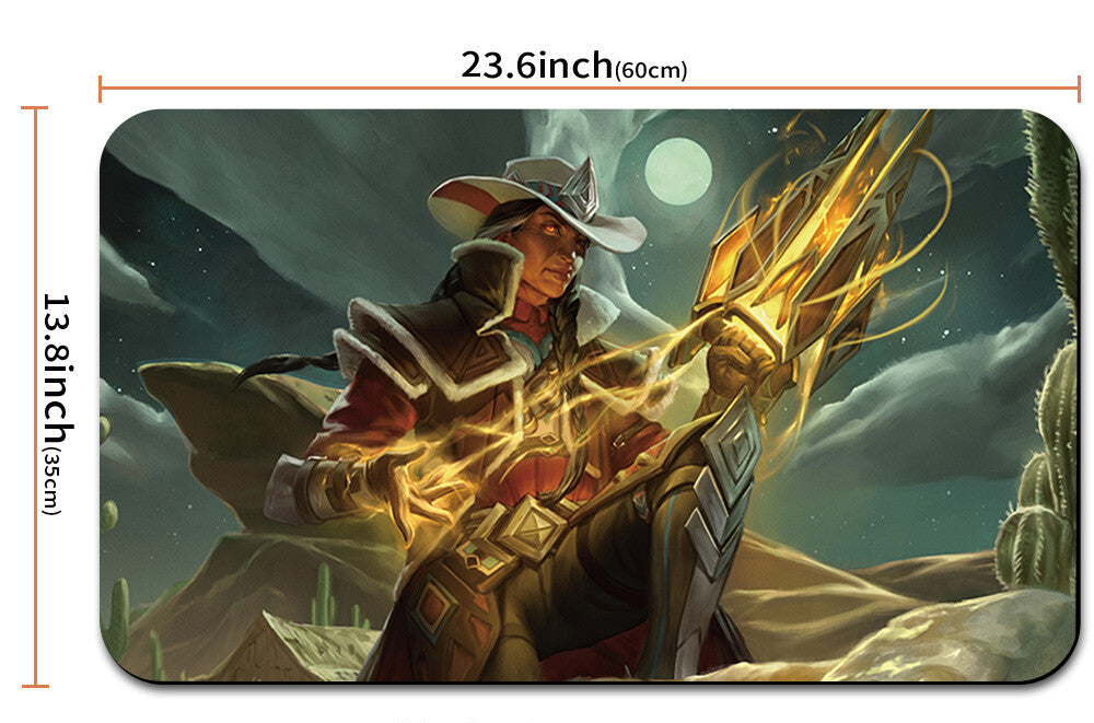 Illustration of a character with a large weapon on a desert landscape, with measurements and a pouch shown below.