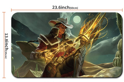 Illustration of a character with a large weapon on a desert landscape, with measurements and a pouch shown below.