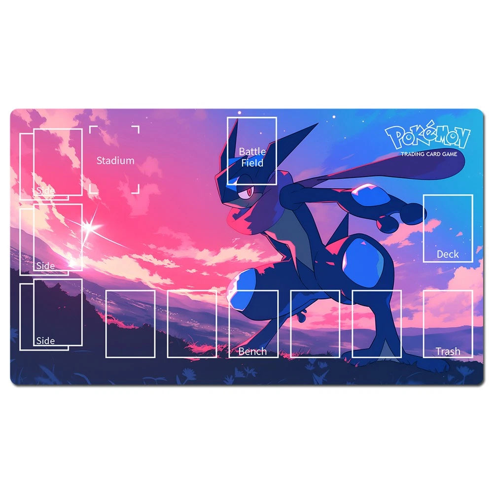 A rectangular Pokémon trading card game playmat with a colorful sunset sky illustration featuring Groudon in the center. The playmat includes labeled zones such as Stadium, Battle Field, Deck, Side, Bench, and Trash, plus Pokémon branding in the top right.