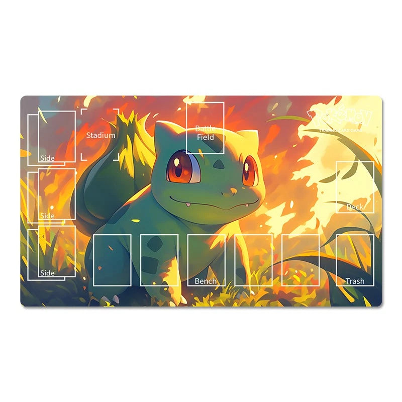 A rectangular gaming playmat featuring an illustration of Bulbasaur from Pokémon, set against a fiery orange and yellow background. The playmat includes printed white outlines and labels for game zones: Stadium, Field, Side, Bench, Trash, and Battle.