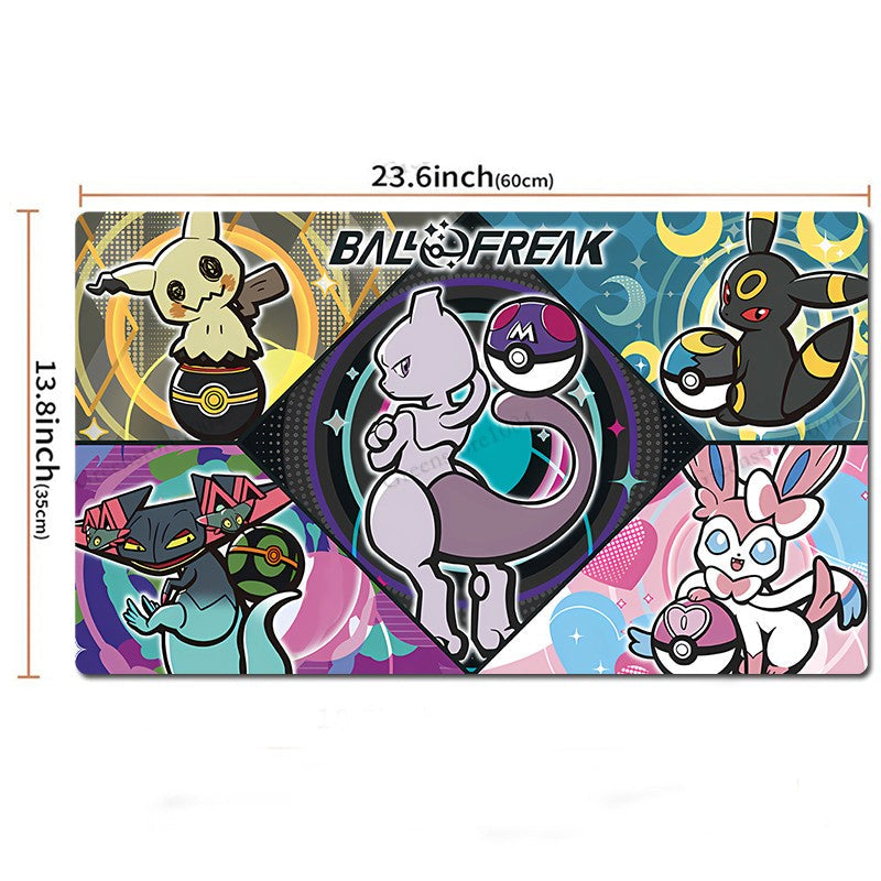 A rectangular desk mat or playmat featuring colorful Pokémon Ball-Freak themed artwork with multiple character illustrations and the text 'BALL FREAK' across the top. The mat is shown on a white background with dimension labels indicating 23.