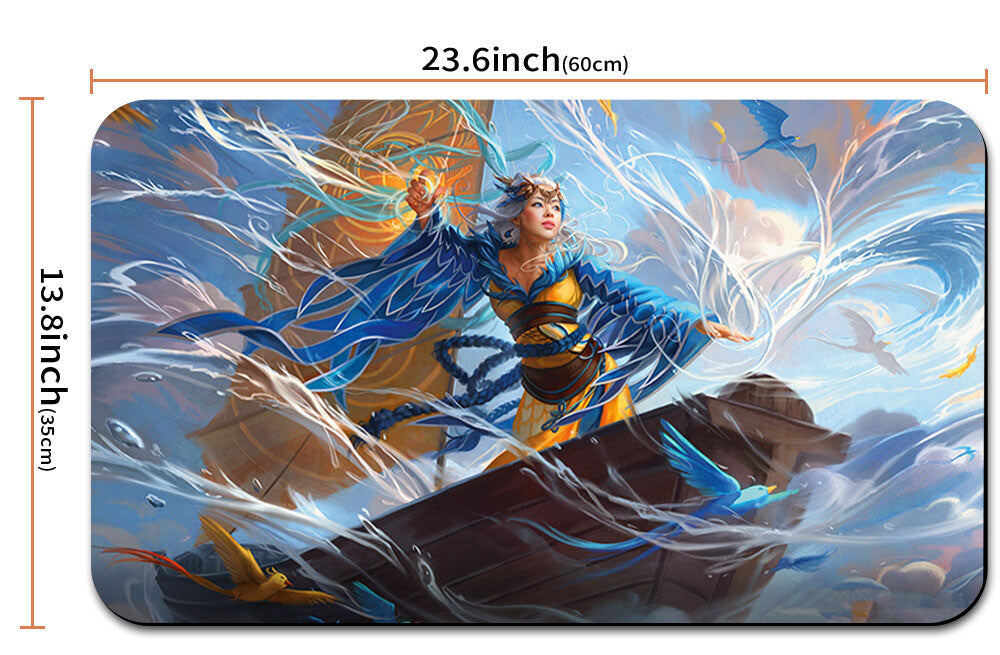 Mouse pad with artistic design of a character in a boat, shown with dimensions.