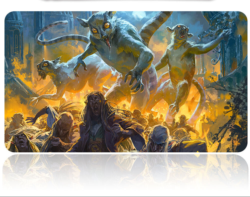 Gaming mouse pad with fantasy scene featuring creatures and a character, accompanied by a pen holder.