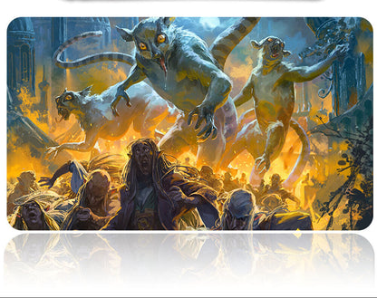 Gaming mouse pad with fantasy scene featuring creatures and a character, accompanied by a pen holder.