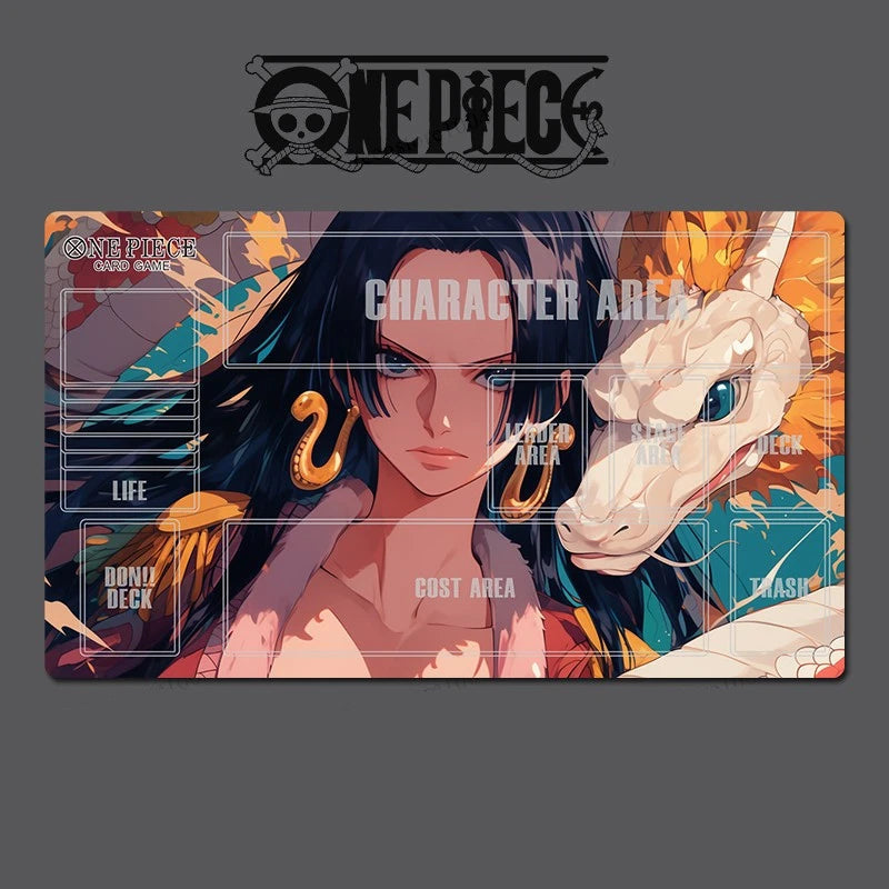 Anime character with a dragon on a 'One Piece' branded playmat