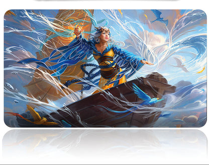 Futuristic sword with a fantasy-themed mouse pad featuring a warrior character.