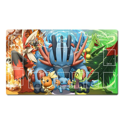 A rectangular Pokémon-themed gaming playmat featuring colorful artwork of multiple Pokémon characters, including Eevee, Mew, Togepi, and others, with printed card slots and labels on a plain white background.