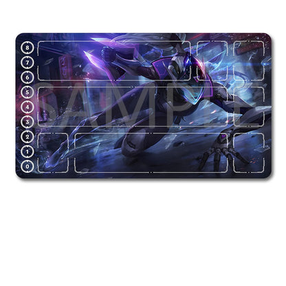 A rectangular gaming playmat with a dark sci-fi mecha illustration in shades of purple, blue, and black, shown above a black drawstring storage bag on a plain white background. The playmat includes numbered card zones along the left edge and a faint diagonal SAMPLE watermark across the artwork.